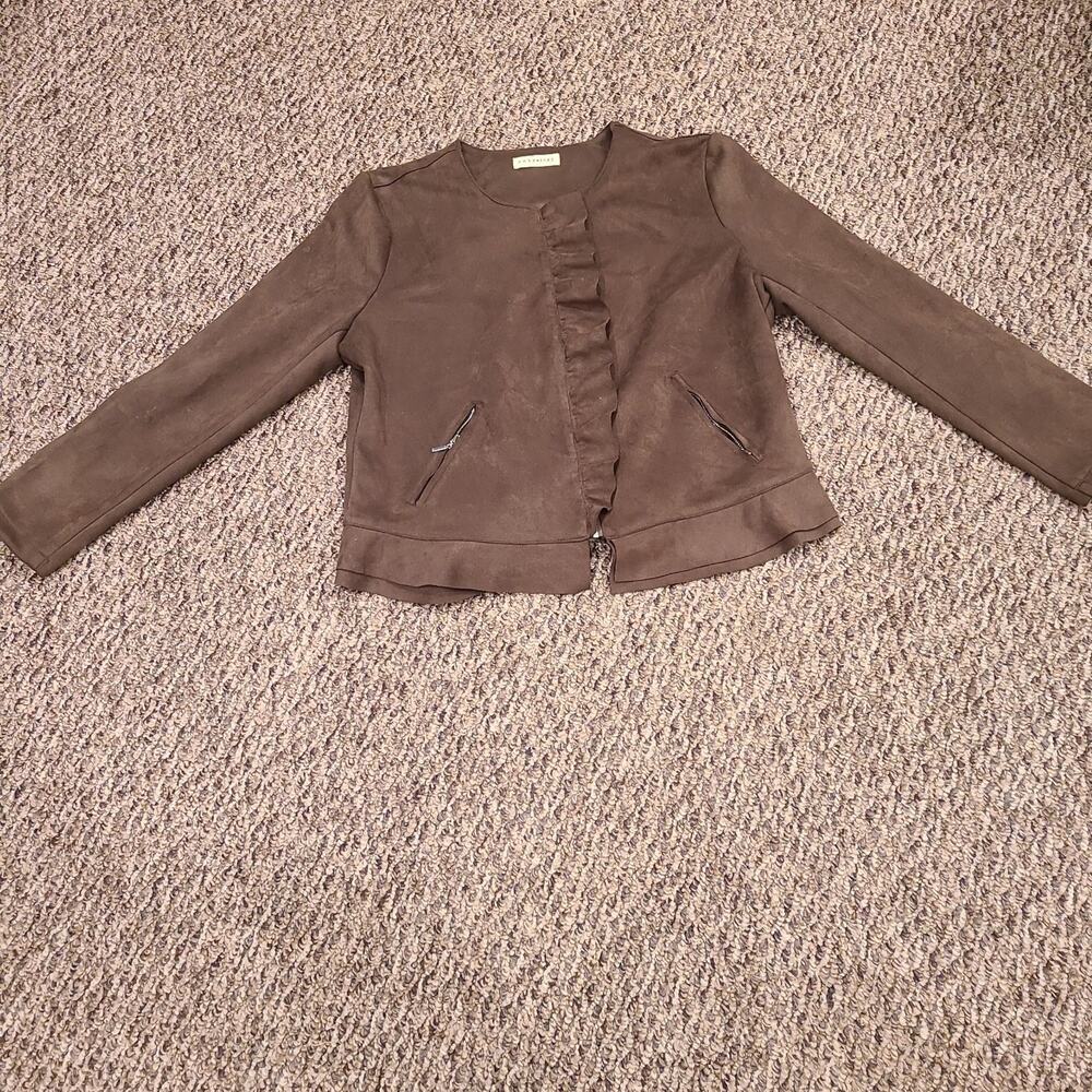 Brown Military Ruffle Blazer Jacket Retrology Polester Fabric XL RN#114186